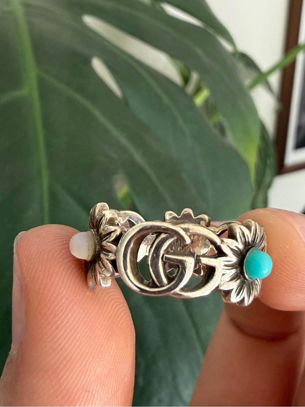 Gucci GG Marmont Mother of Pearl Ring Silver with Turquoise and White Accents